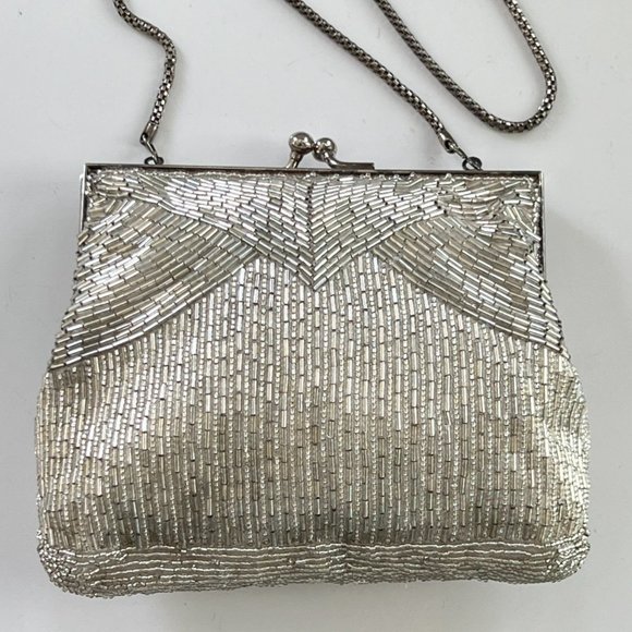 Vintage Magid 1960s Beaded Silver Art Deco Style Kiss-Lock Small Clasp Purse - Picture 4 of 10